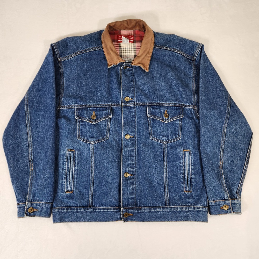 Vintage Marlboro Country Store Denim Jacket Leather Collar Flannel Lined L Blue